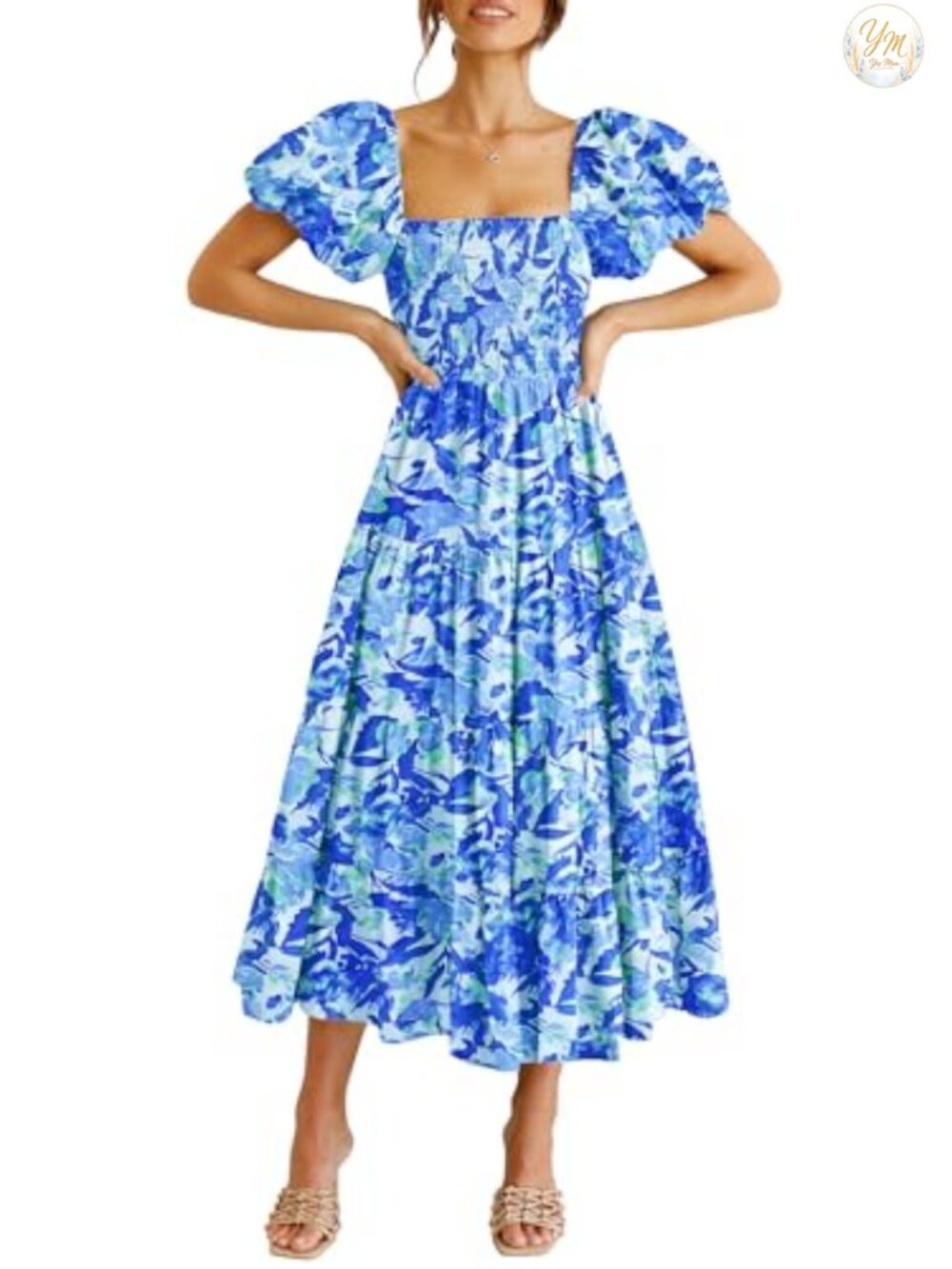 Floral Smocked Midi Dress Square Neck Puffy Sleeve Tiered A-Line Summer